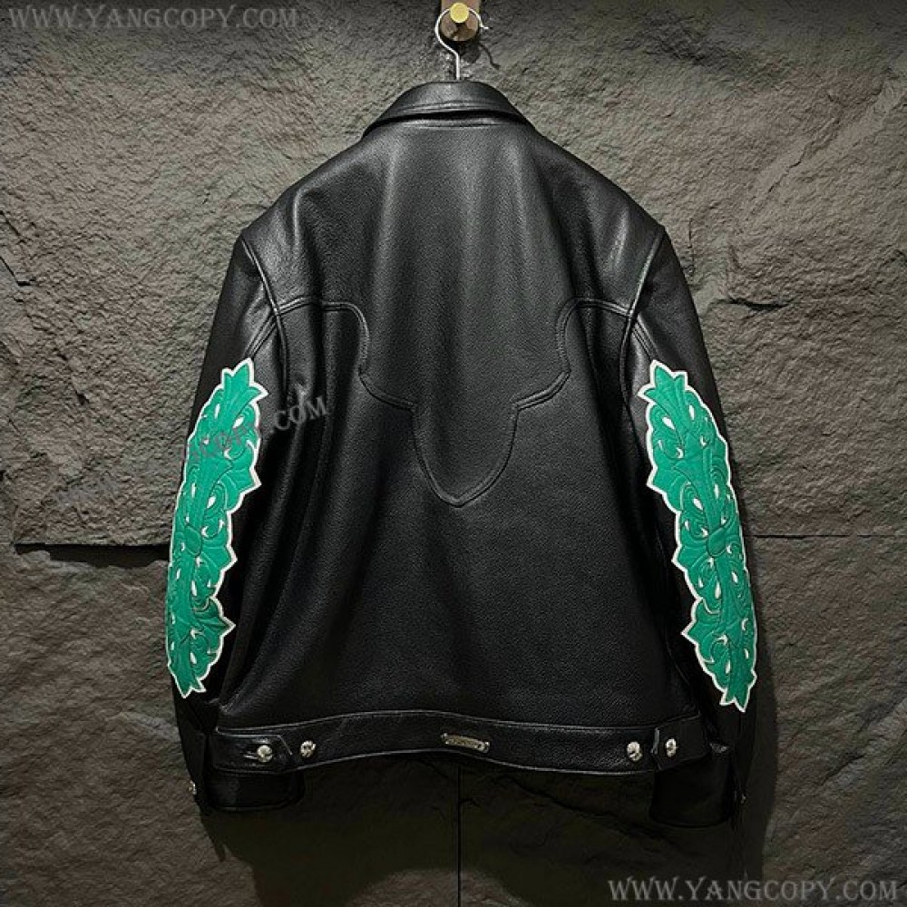クロムハーツ 偽物 フローラルクロス レザージャケット Blk×Grn Kue10837