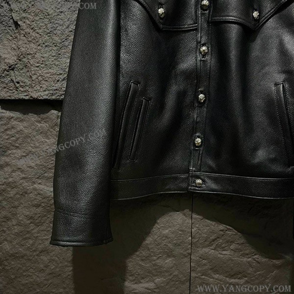 クロムハーツ 偽物 フローラルクロス レザージャケット Blk×Grn Kue10837