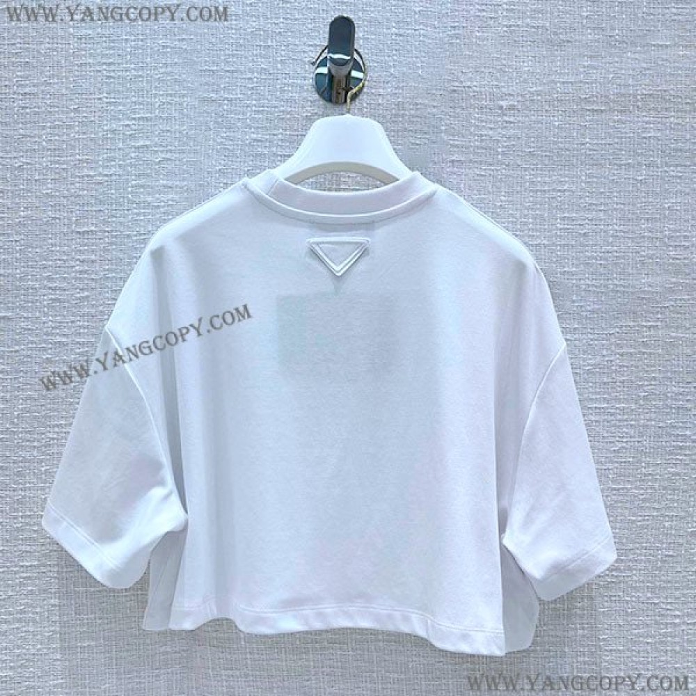 プラダ 偽物 刺繍入り インターロック クロップドTシャツ ショート 3560AR 103H