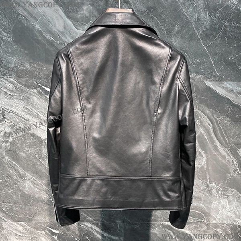 ロエベ 偽物  ブラックレザー ジップ オーバージャケット lot56692