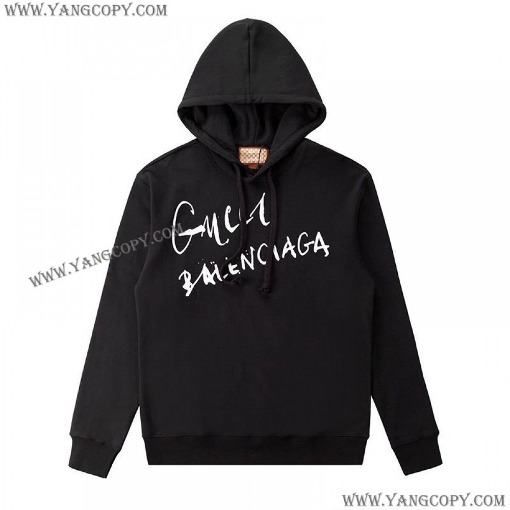 グッチ×バレンシアガ 偽物 ブラック ロゴ コットン パーカー guq23810