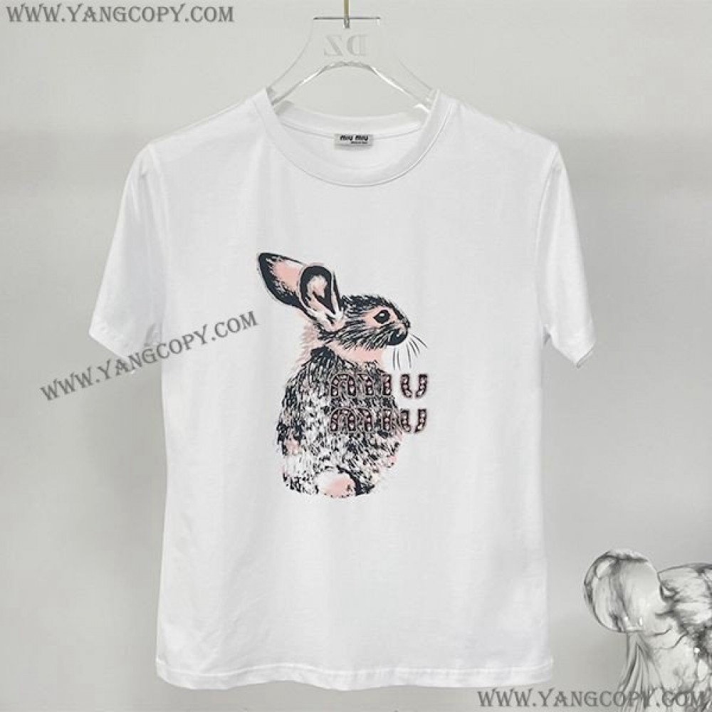 ミュウミュウ スーパーコピー エンブロイダリーコットンTシャツ myv33585