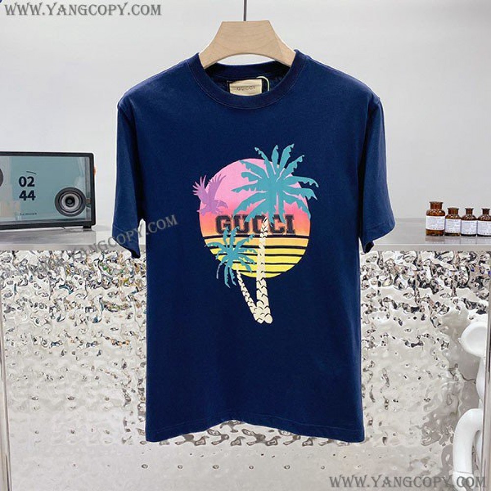 グッチ 偽物 パームプリント コットンTシャツ gug36186