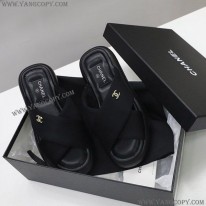 シャネル 偽物 レザー 厚底 サンダル 黒 布地 shu58475